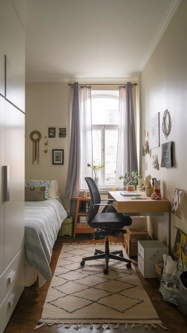 A well-lit haven for focused study and restful sleep combines a bed and small desk in a cozy space