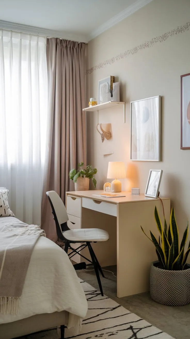 A light and airy study room, featuring a bed, desk, and personal items, creates a tranquil space for work and rest.
