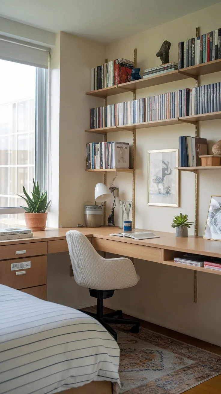 A calming study room features a compact workspace, a comfortable bed, and ample bookshelves for focused work and restful sleep