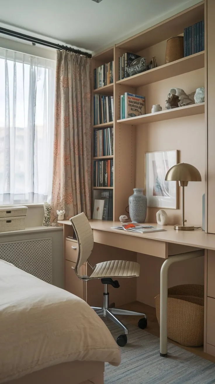 A functional yet stylish study room maximizes space by cleverly combining a bed and a well-equipped desk area.