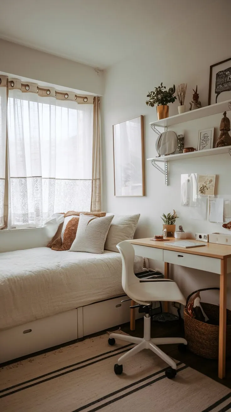 A small bedroom cleverly integrates a study area, creating a restful and productive haven.