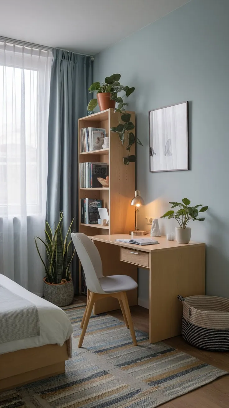 A small but perfectly formed bedroom combines restful sleep space with a productive study area, complete with a desk, bookshelf, and natural light.