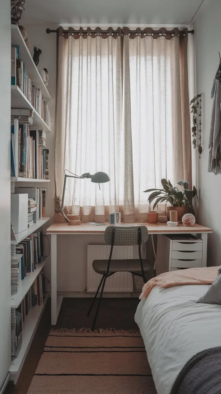 Compact yet complete, this small bedroom seamlessly blends sleeping and studying areas in a stylish and efficient space.
