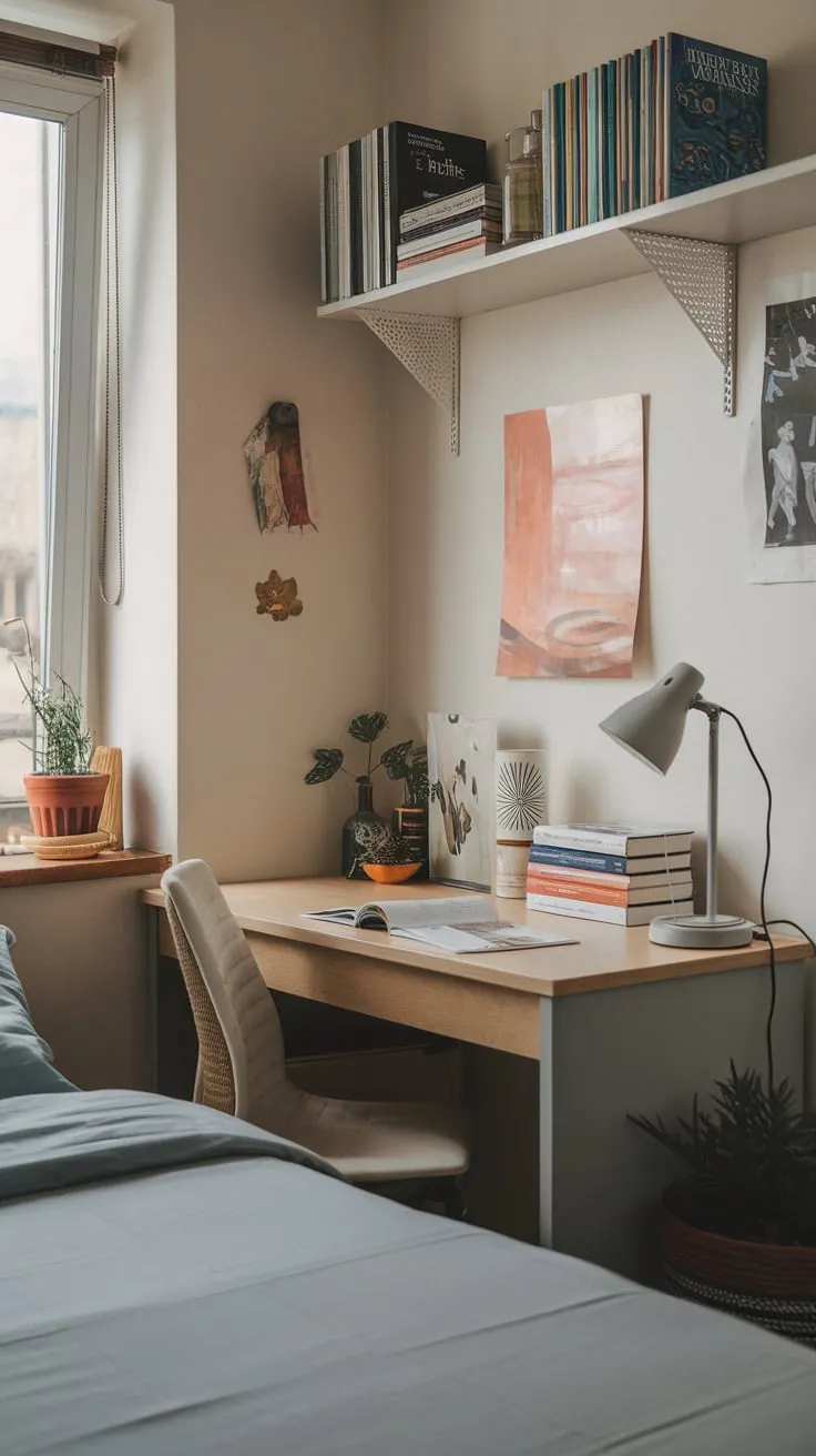 A cozy small bedroom seamlessly blends sleeping and studying with a window-side desk, soft lighting, and personal touches.
