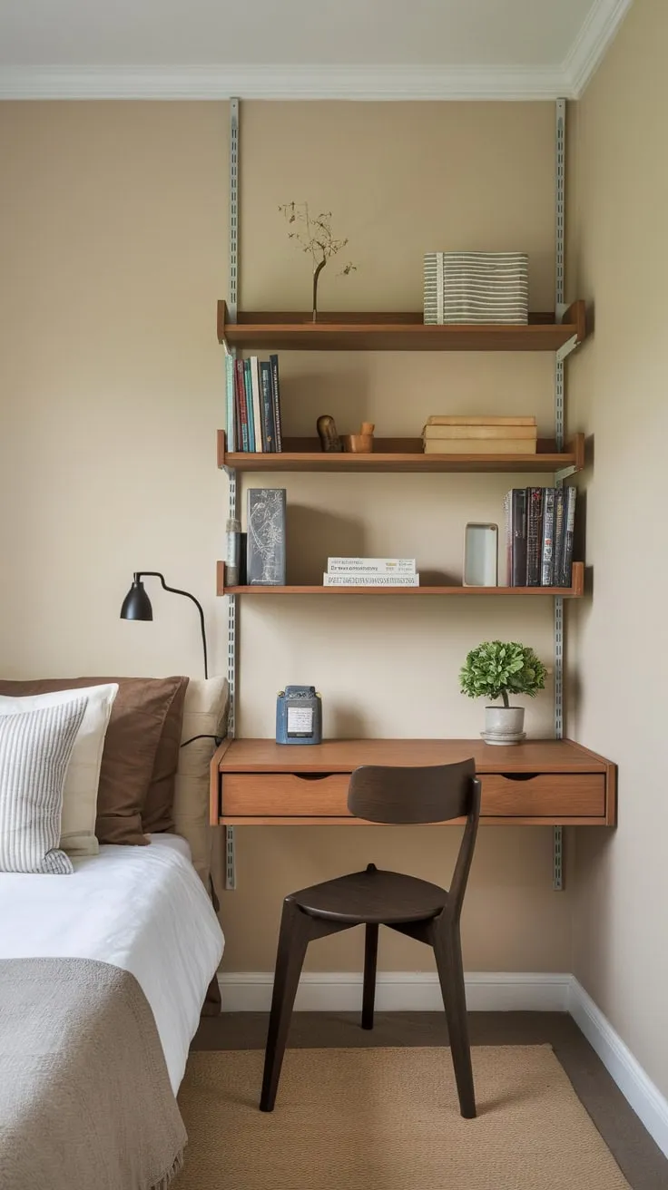 A cozy beige study room features a comfortable bed, compact workspace, and charming bookshelf creating a perfect blend of rest and productivity