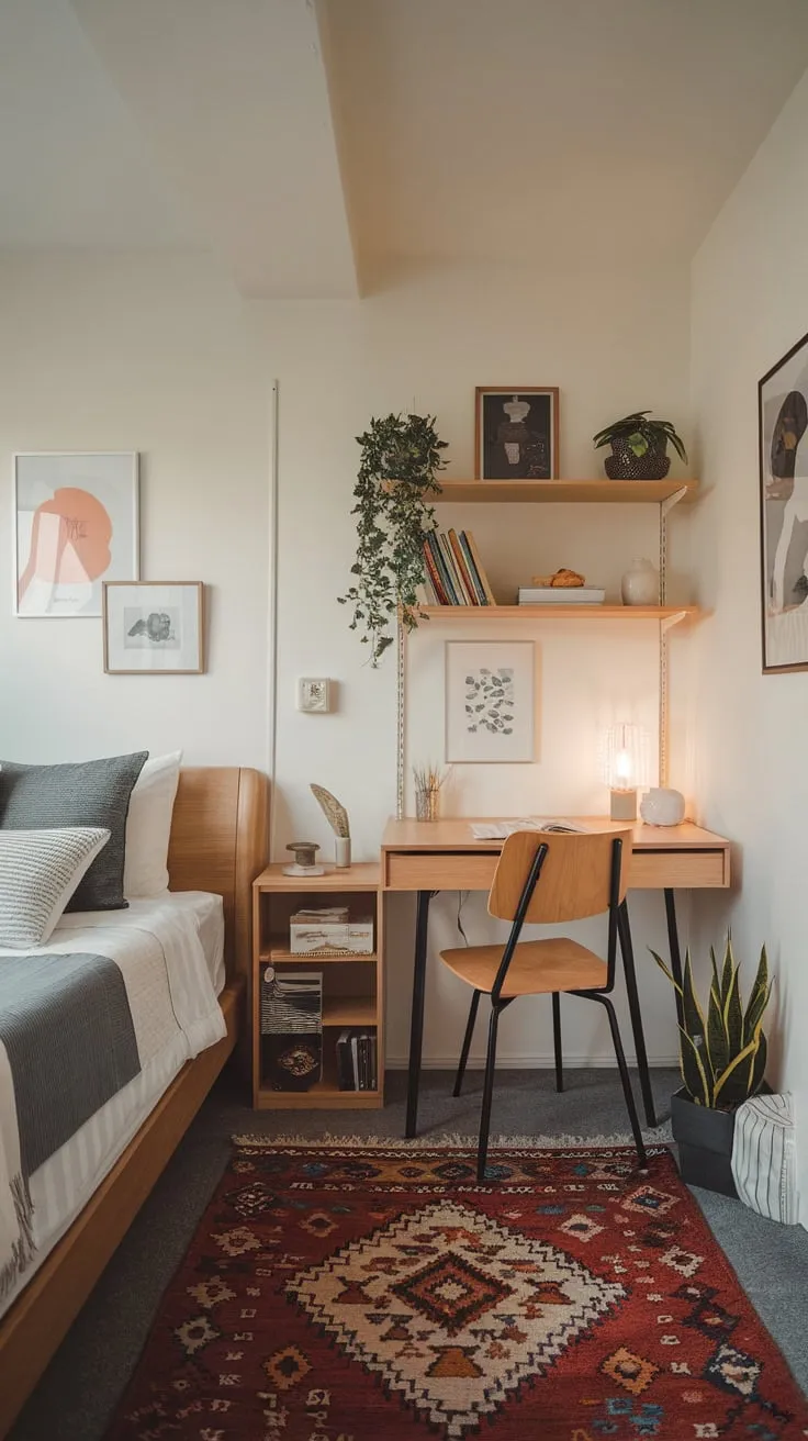 A cozy study room seamlessly blends a comfortable bed, a practical workspace, and tasteful décor in a small but inviting space