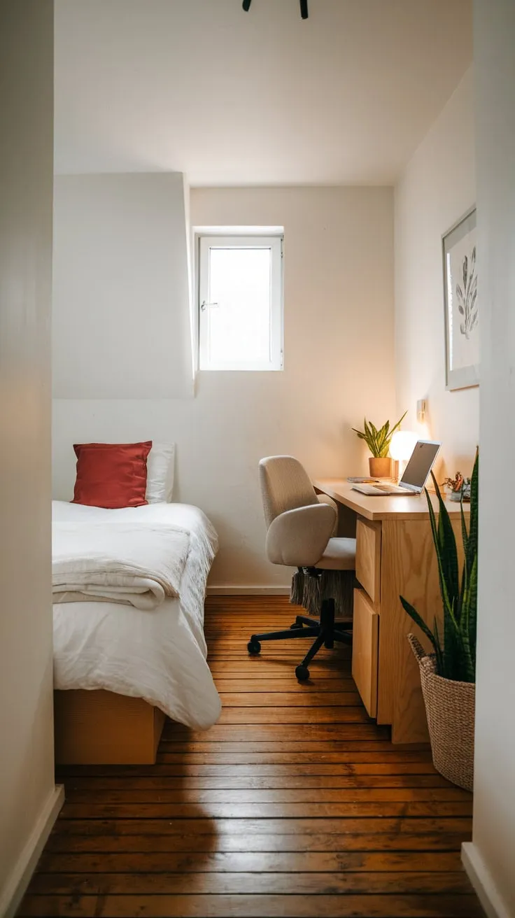 A cozy study room combines a comfortable bed, a functional workspace, and natural light in a small, minimalist space