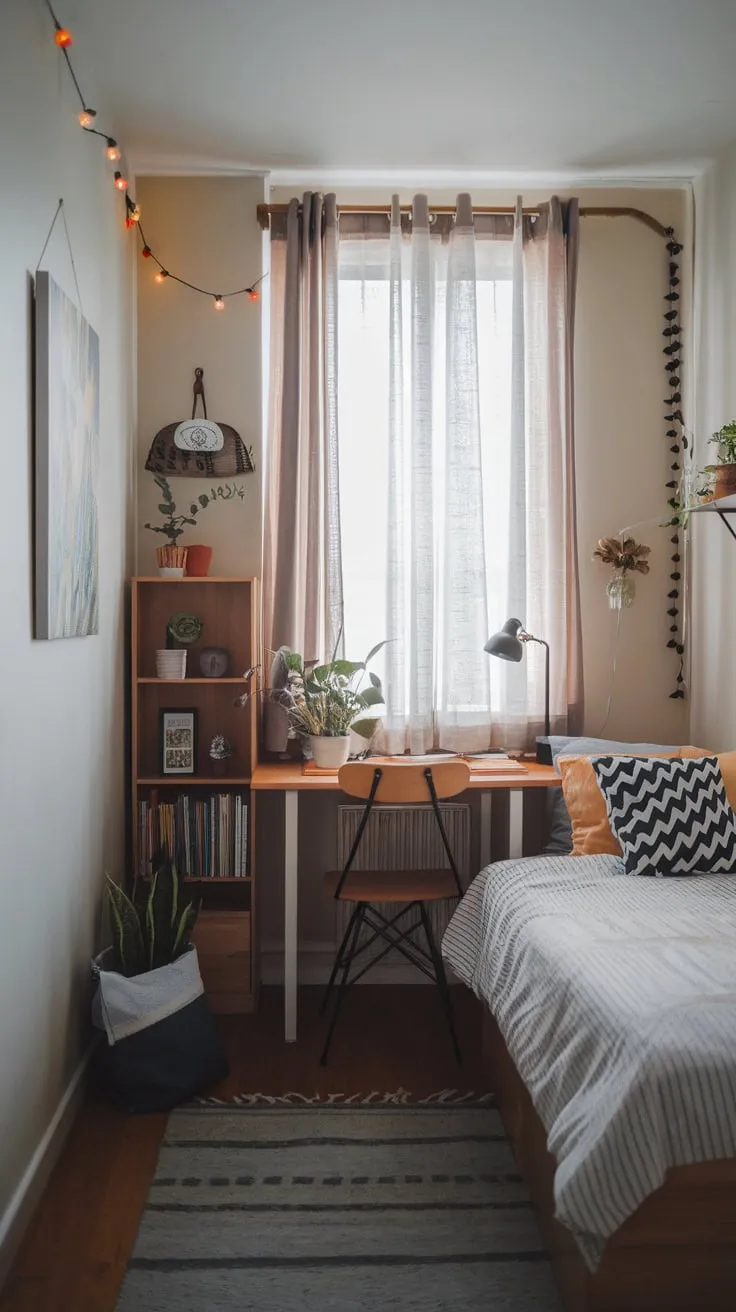 A cozy small bedroom seamlessly blends sleeping and studying areas with a compact desk, bookshelf, and charming decor.