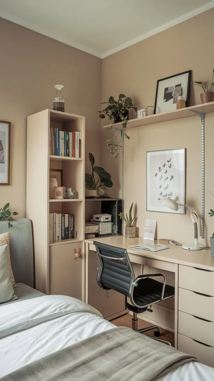 A small bedroom cleverly integrates a study area with a bed, desk, and bookshelf, creating a functional and personalized space.