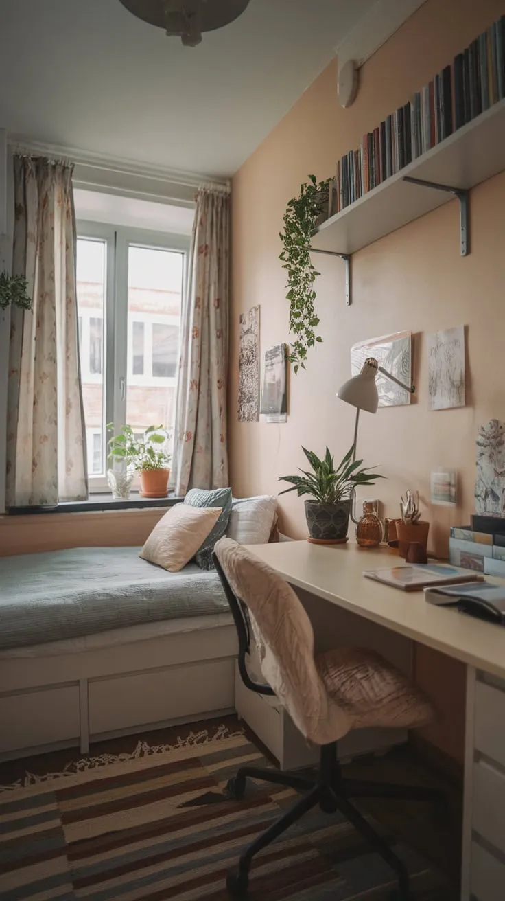A cozy small room combines sleeping and studying areas with a bed, desk, and inviting window seat