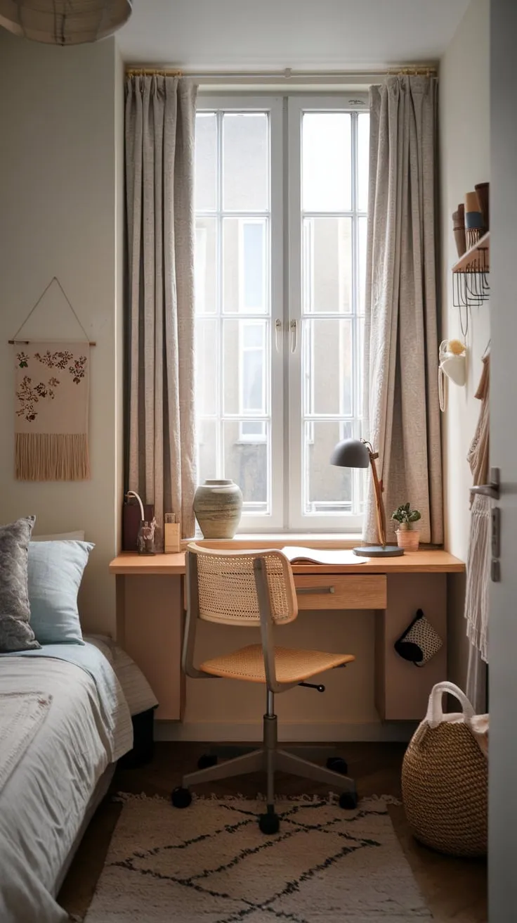 A cozy small bedroom seamlessly blends sleeping and studying areas with a compact desk, comfortable bed, and inviting decor