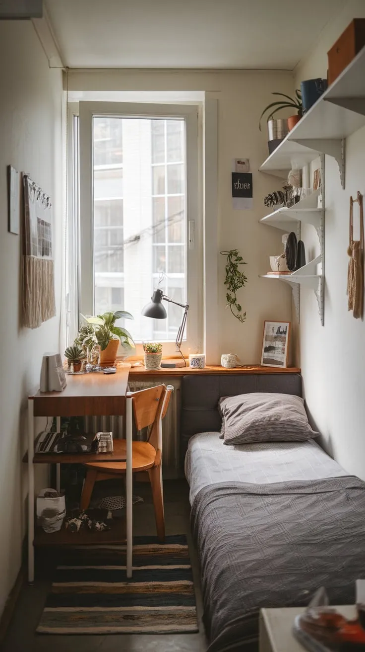A cozy small room perfectly blends sleeping and studying with a bed, window-side desk, and charming details