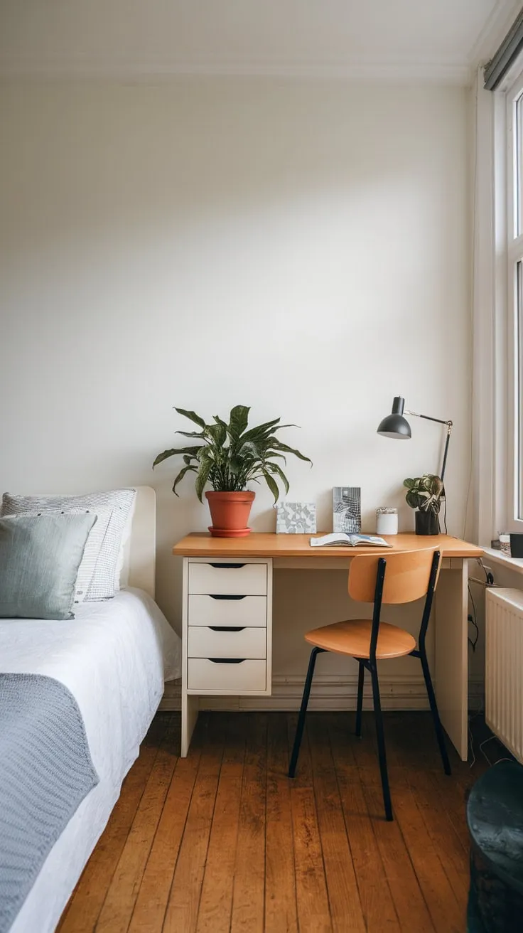 A cozy white-walled study room boasts a comfortable bed, a window-side desk perfect for focused work, and charming wooden floors.