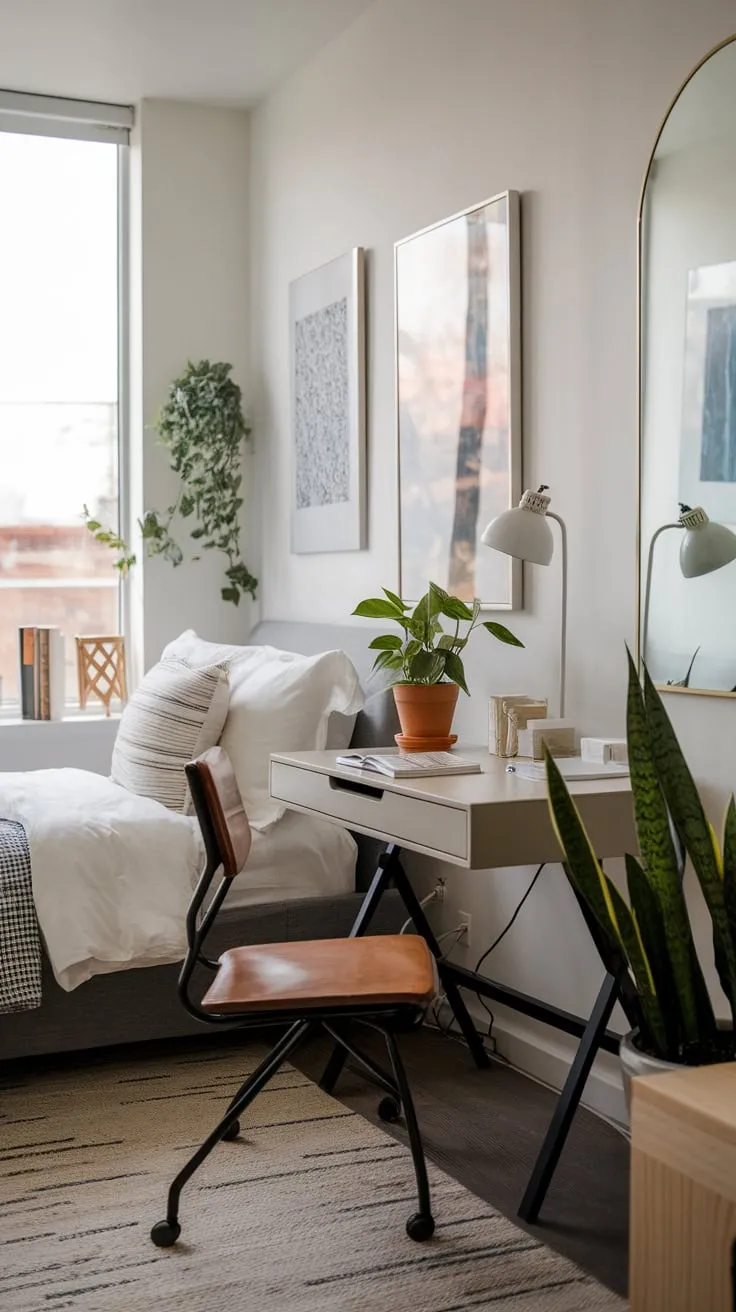 Maximize space in this efficient small bedroom where a bed and study desk create a functional and aesthetically pleasing retreat.