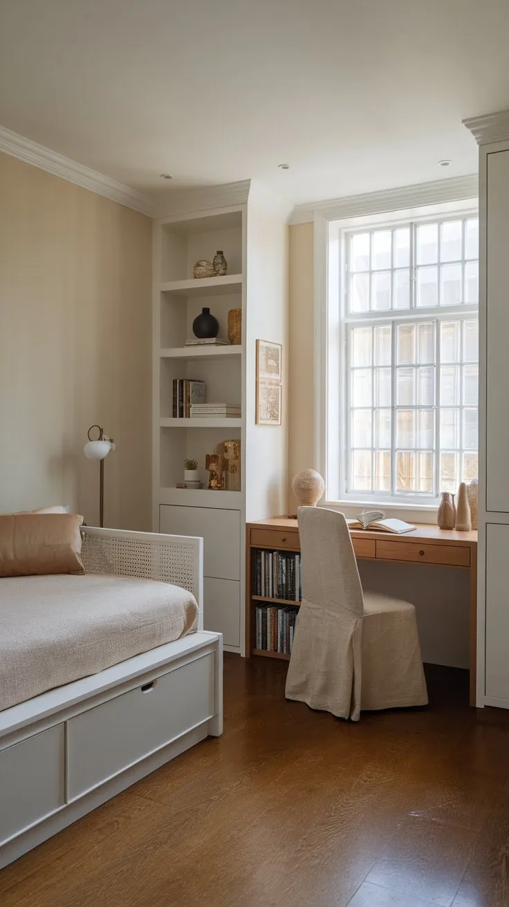 A serene study room combines a cozy bed, compact workspace, and warm wood tones for ultimate comfort and productivity