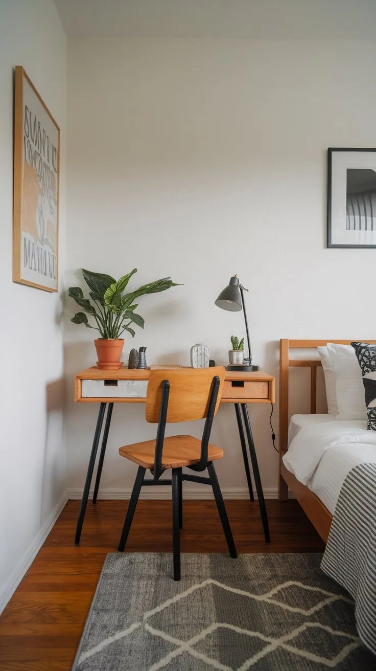 A tranquil study room features a comfortable bed and a functional desk, perfect for rest and work in a minimalist design.
