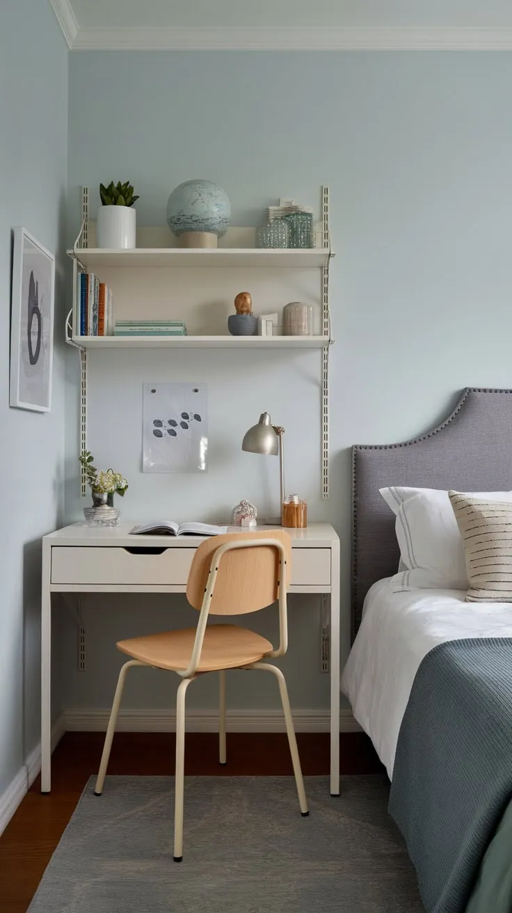 A small but functional bedroom cleverly combines sleeping and studying areas in a soothing blue and gray palette.