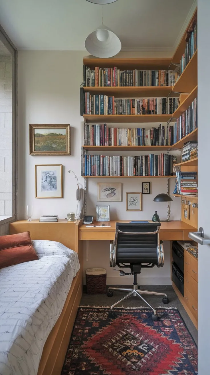 A cozy study room combines a comfortable bed, a functional workspace, and thoughtful decor for focused work and restful sleep