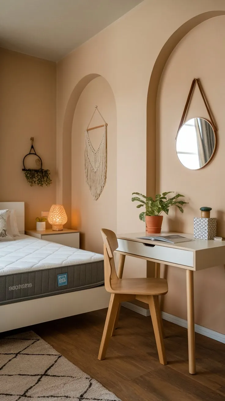 A cozy beige and wood study room seamlessly blends a comfortable bed with a compact workspace, creating a relaxing yet productive haven.