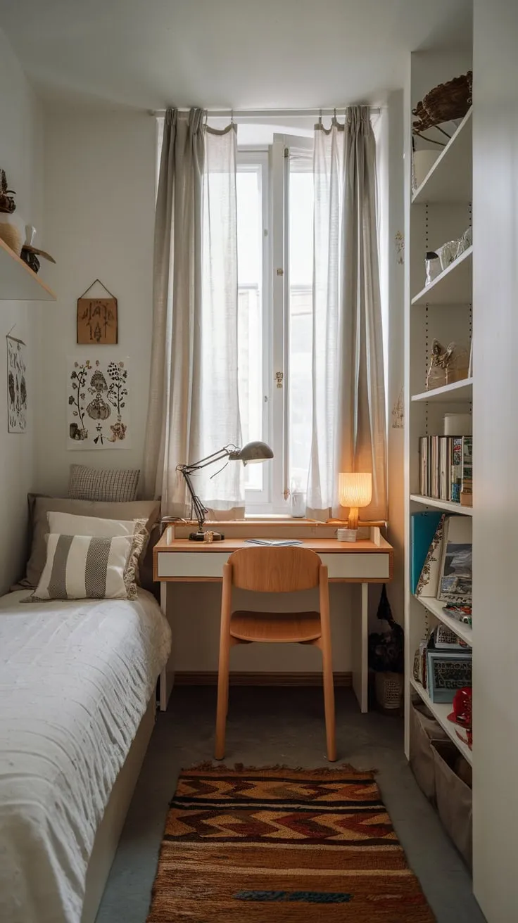 A cozy small bedroom seamlessly blends sleeping and studying areas with a bed, compact desk, and charming décor.