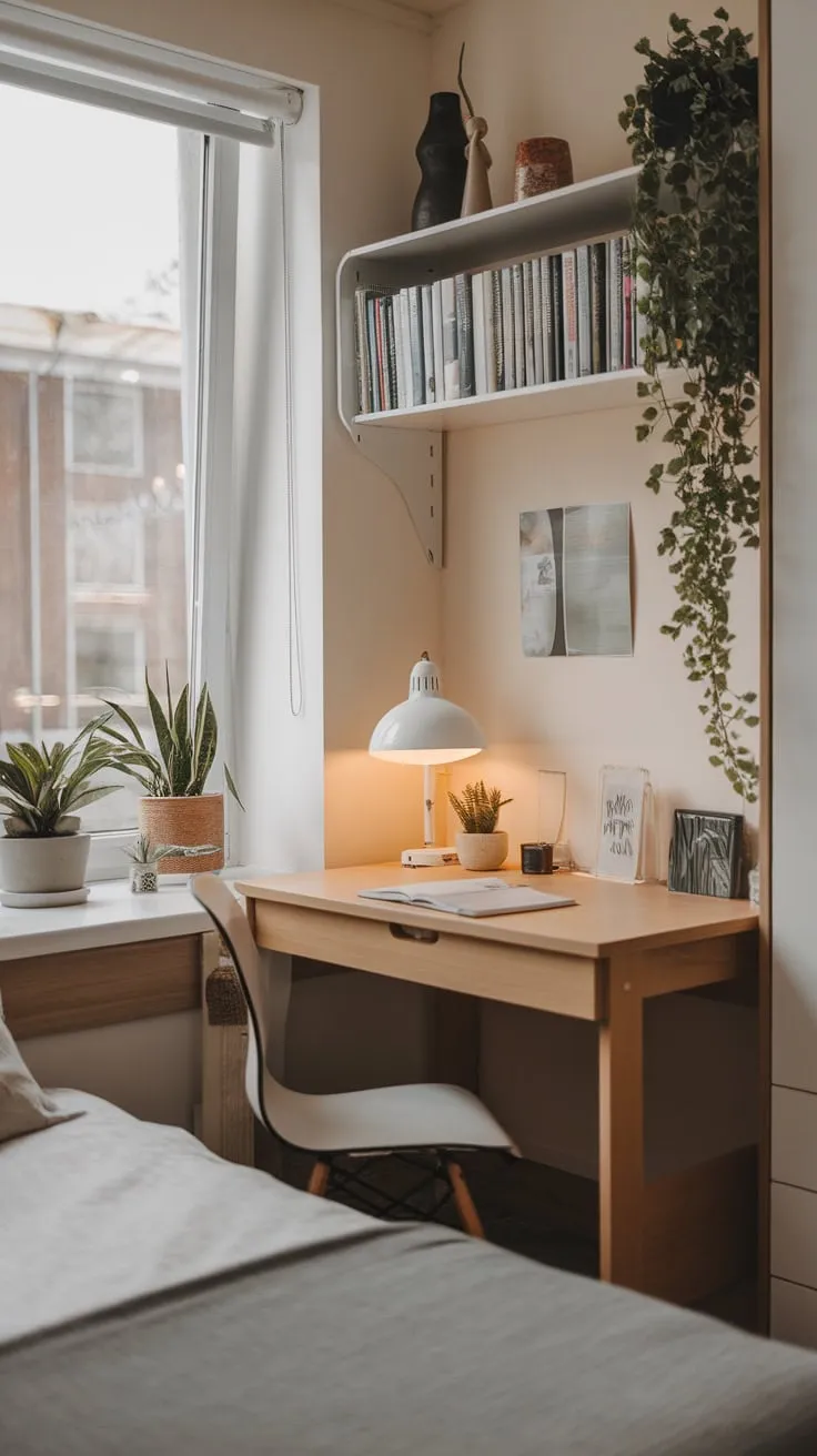 A compact yet inviting study room features a comfortable bed and a well-equipped desk bathed in natural light.