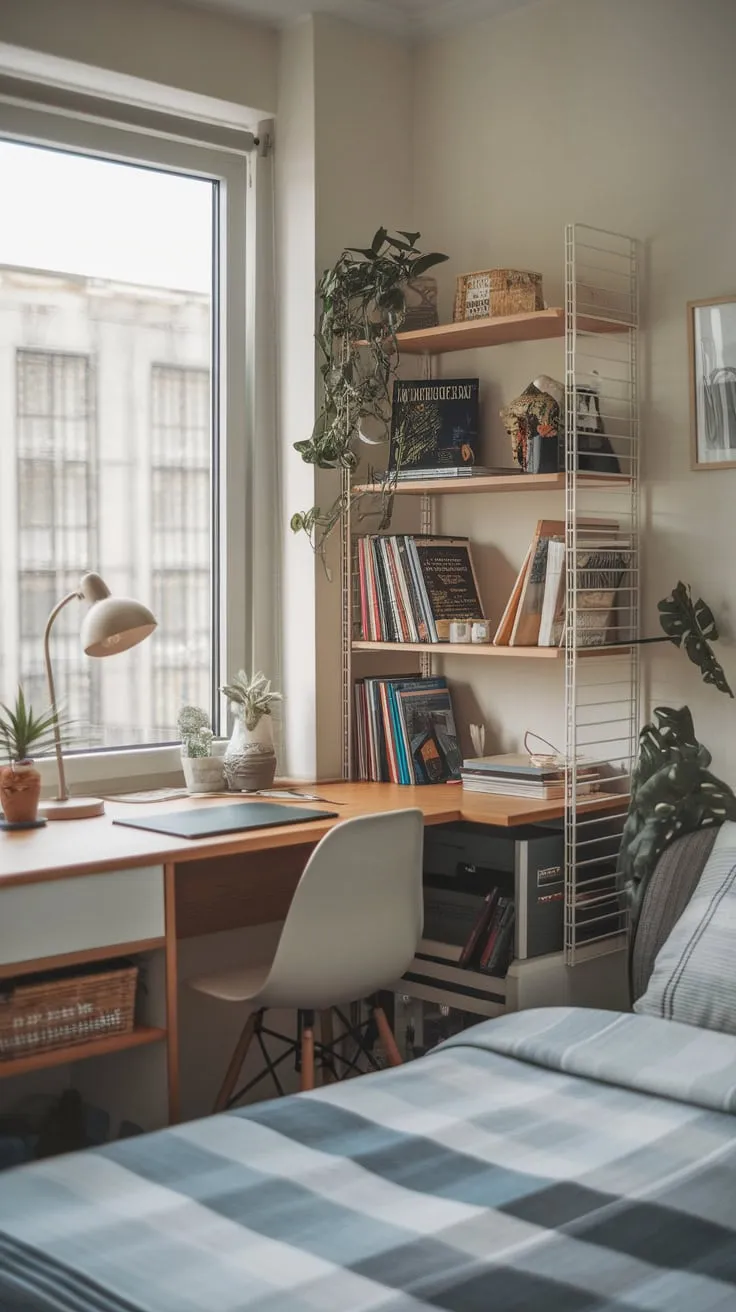 A compact study room with a bed offers a cozy workspace near a sunlit window, perfect for focused learning and restful sleep.
