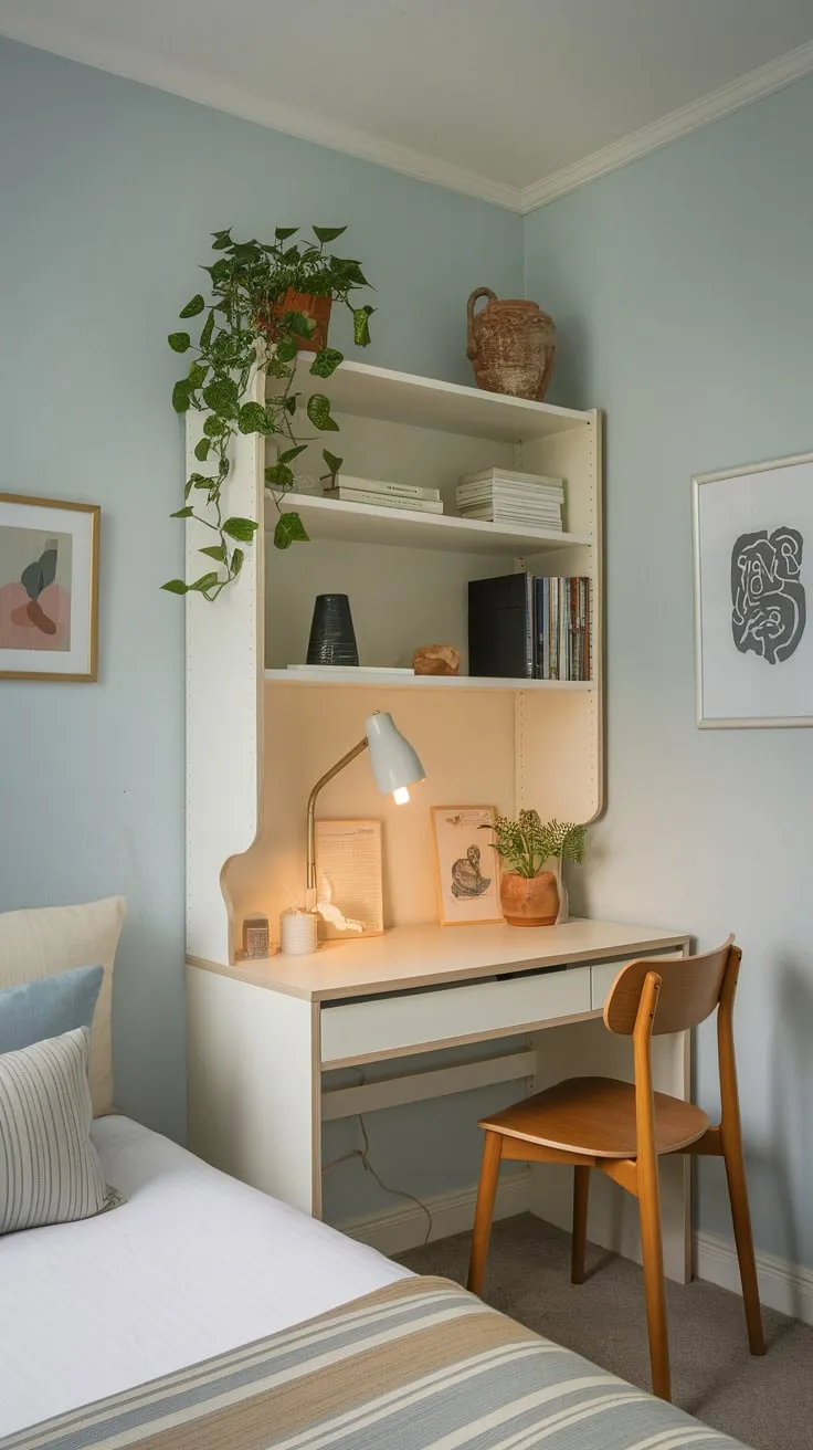 A compact yet inviting space unites sleep and study with a bed, desk, and thoughtful accents in a calming blue room