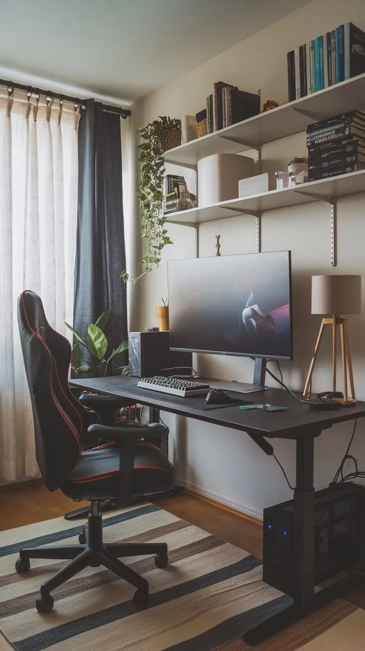 Ergonomic comfort meets immersive gaming in this study room, complete with a large monitor, gaming peripherals, and a thoughtfully decorated space.