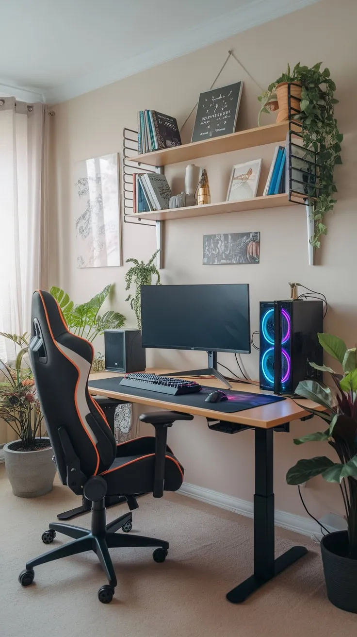 A well-lit study room blends productive workspaces with gaming comfort, enhanced by plants and stylish decor.