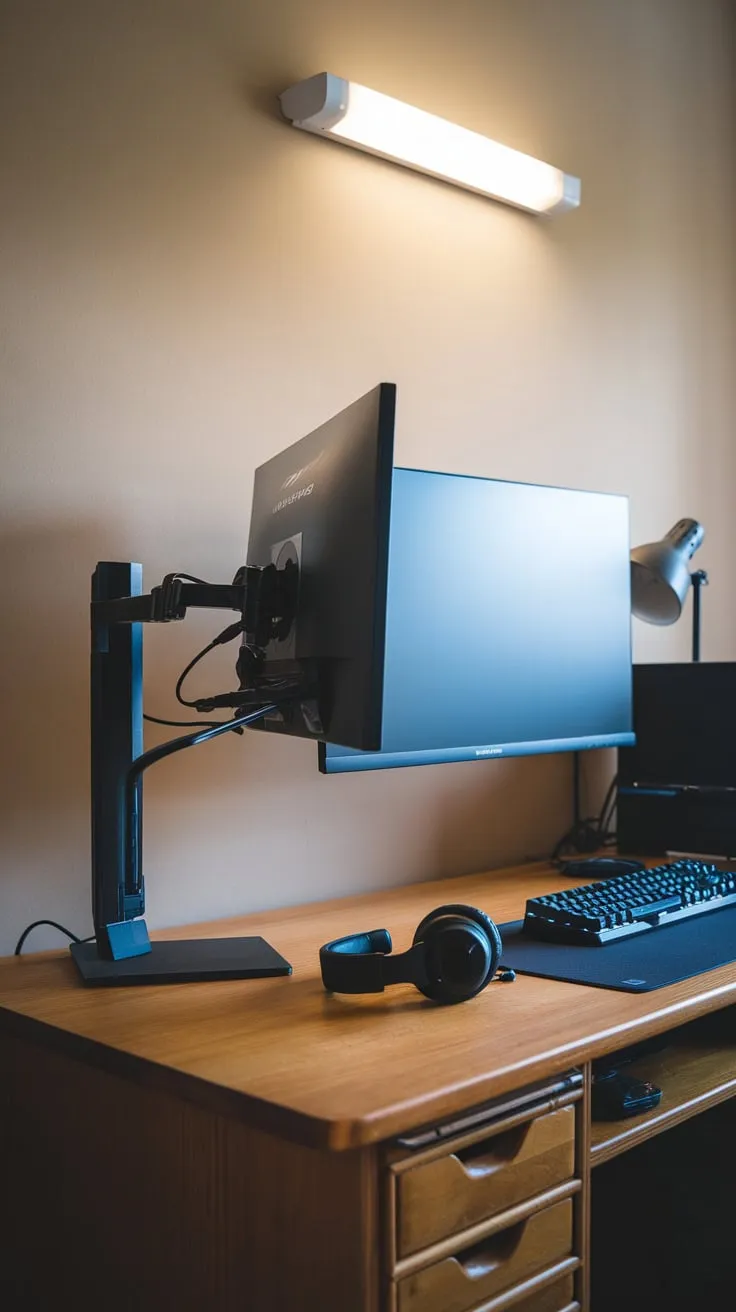 Ergonomic comfort meets gaming prowess in this inviting study room featuring a large monitor and a thoughtfully arranged gaming setup.