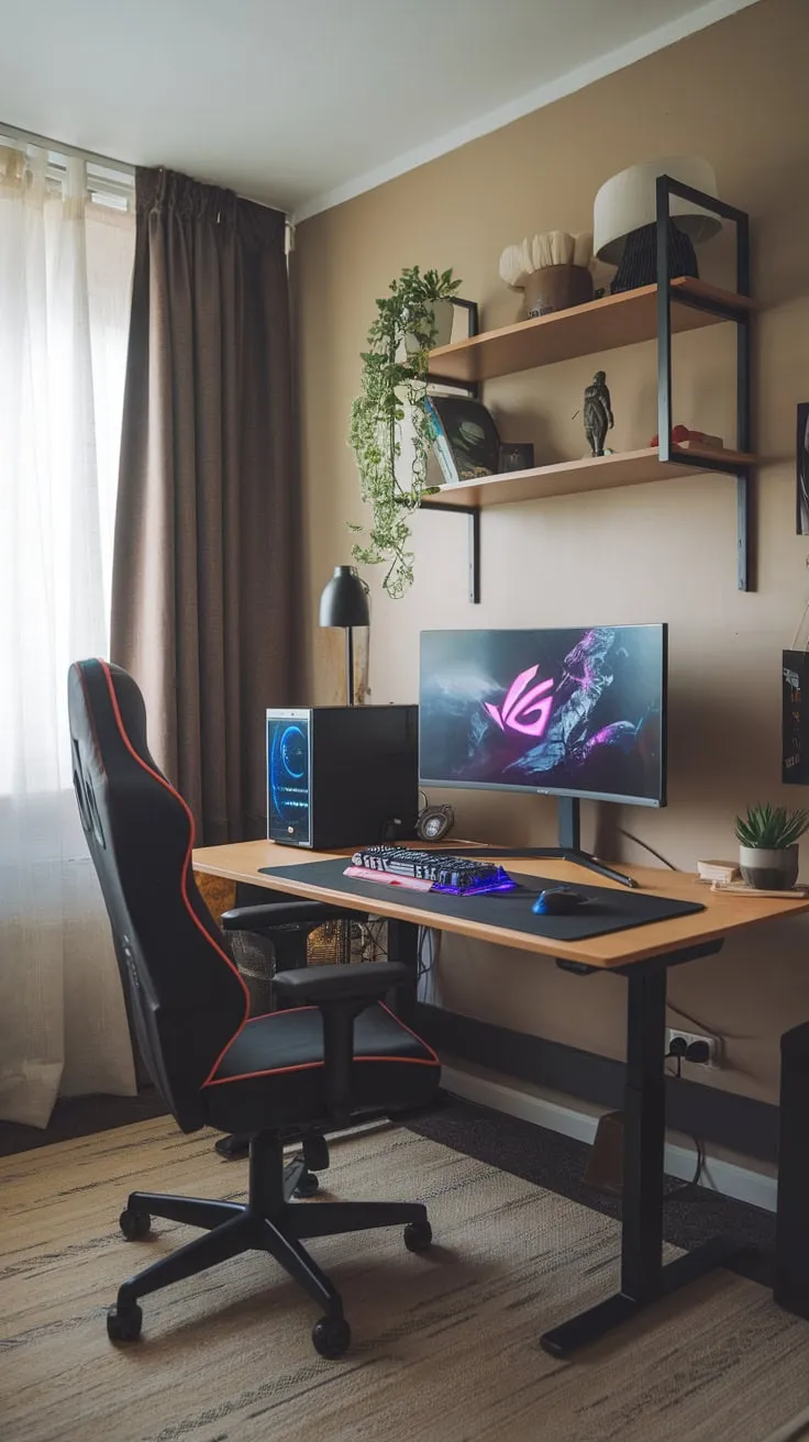 A gaming-optimized study room blends productivity and leisure with a dedicated desk setup, comfortable seating, and personal touches.