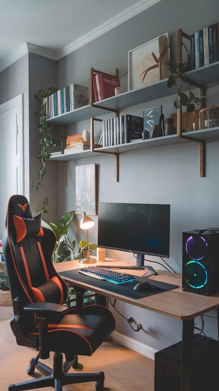 Ergonomic gaming meets focused study in a stylish grey room complete with a dedicated workspace and personal touches.