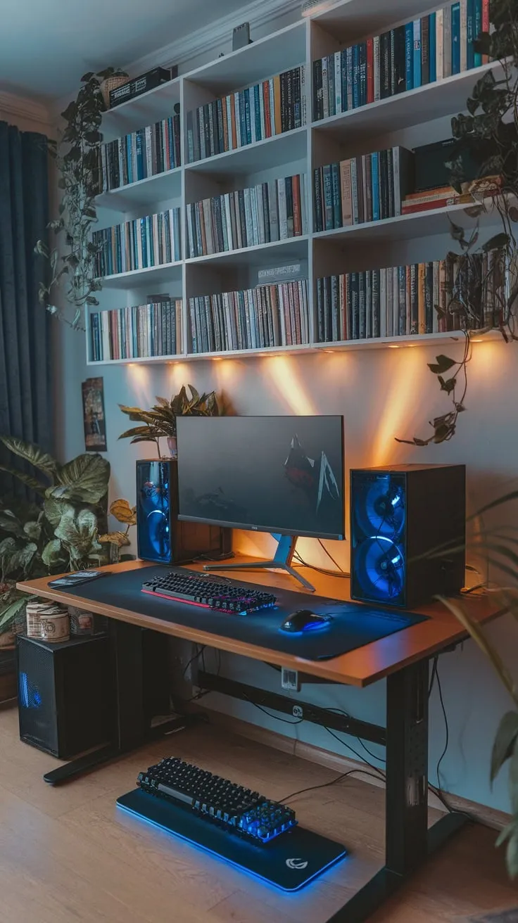 A cozy study room blends academic focus with gaming fun, featuring a dual-setup desk, a bookshelf brimming with knowledge, and calming plants under soft lighting