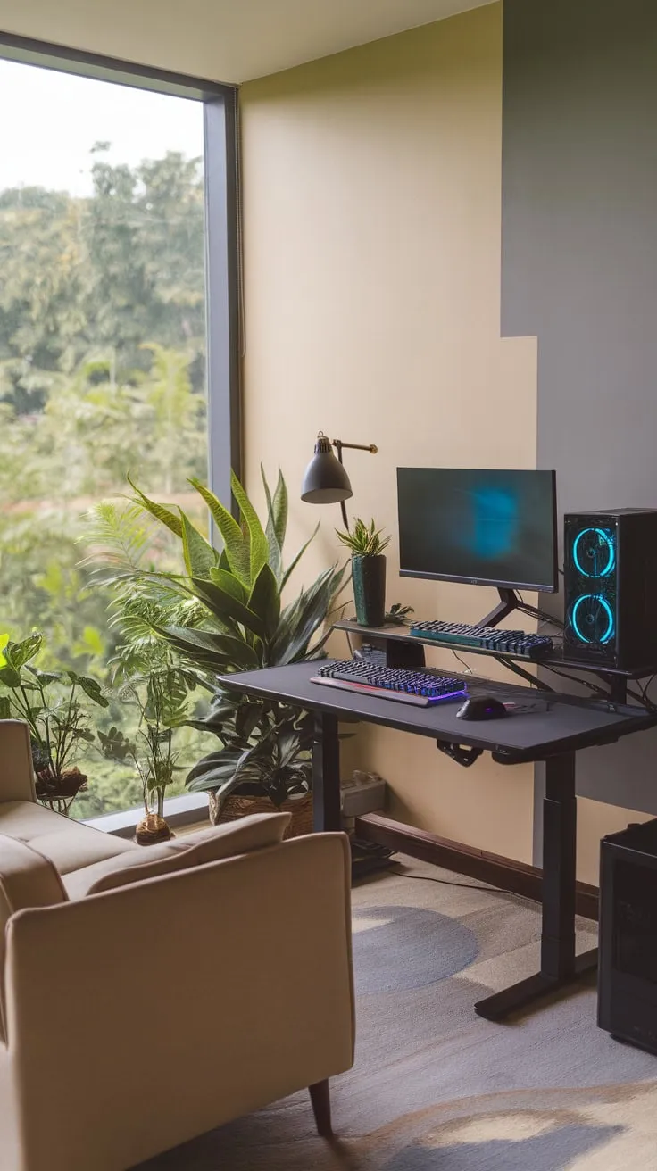 Escape to a tranquil study space where a stunning view complements a high-performance gaming rig.