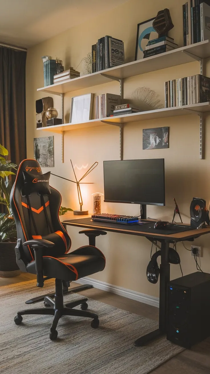 Warm lighting illuminates a functional study room seamlessly integrated with a captivating gaming setup.