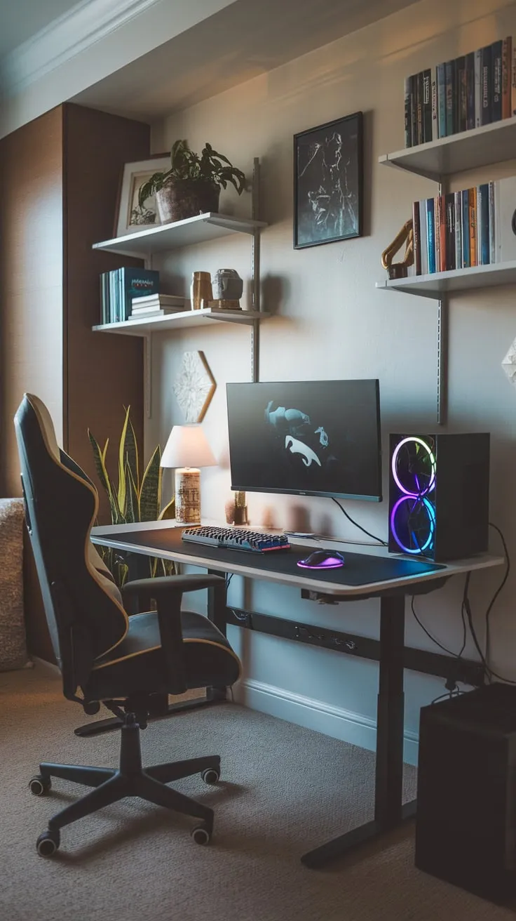 A cozy study room seamlessly blends focused work space with a gaming setup, creating a comfortable and inspiring environment.