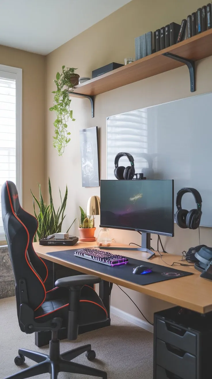 Ergonomic comfort meets high-tech gaming in a well-lit study room, complete with a whiteboard, plant, and a functional workspace.