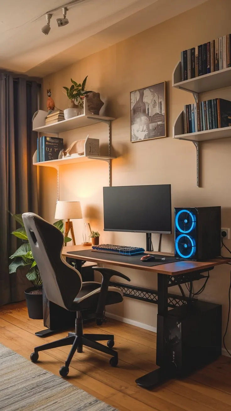 Warm lighting illuminates a functional study room featuring a gaming setup, bookshelves, and comfortable furnishings.