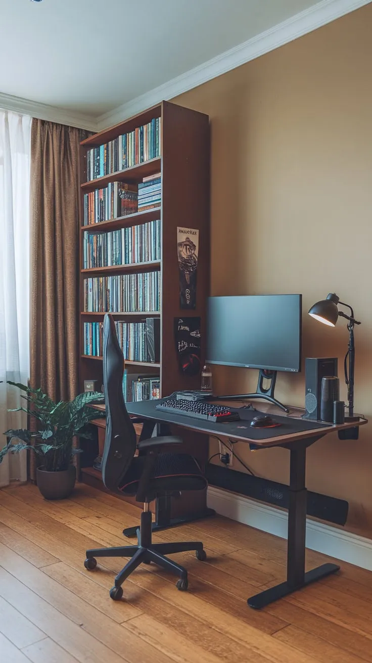 Books line a tall shelf beside a gaming desk bathed in lamplight, creating a productive yet playful study space.