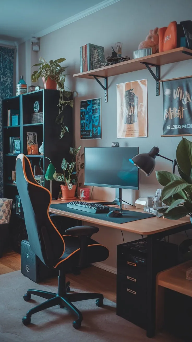 Soft lighting illuminates a functional gaming and study space, complete with a desk, comfy chair, and personalized touches.