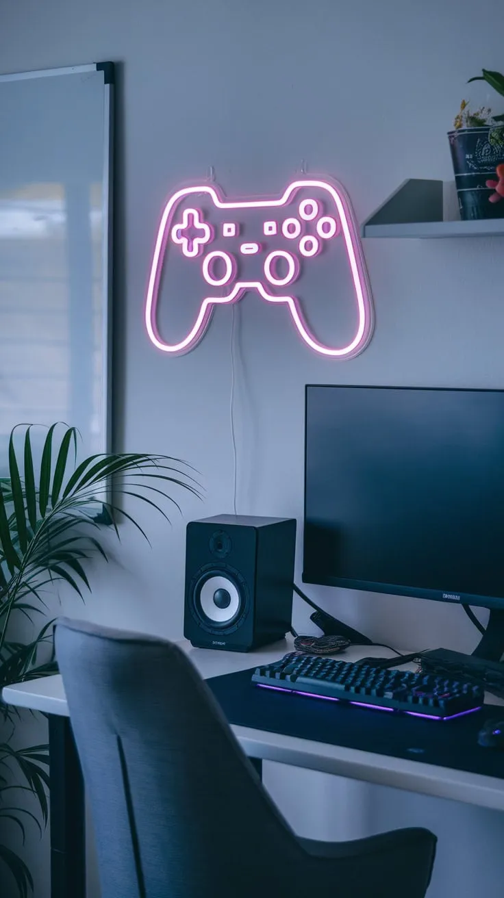 A productive yet playful study space blends work and leisure with a gaming setup, comfy chair, whiteboard, and vibrant neon lighting.
