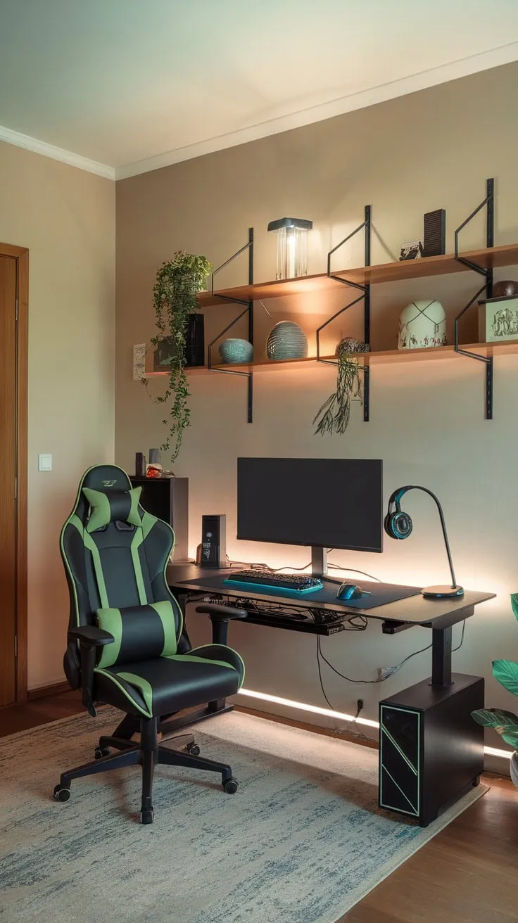 Soft lighting illuminates a dedicated gaming setup within a cozy study room, complete with a comfortable chair and personalized touches.