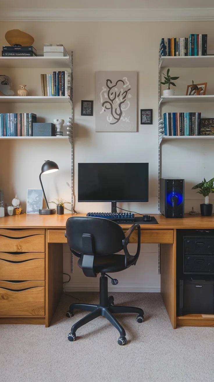 A clean and organized study room seamlessly blends academic focus with gaming leisure, featuring a wooden desk, comfortable chair, and thoughtfully arranged bookshelves.