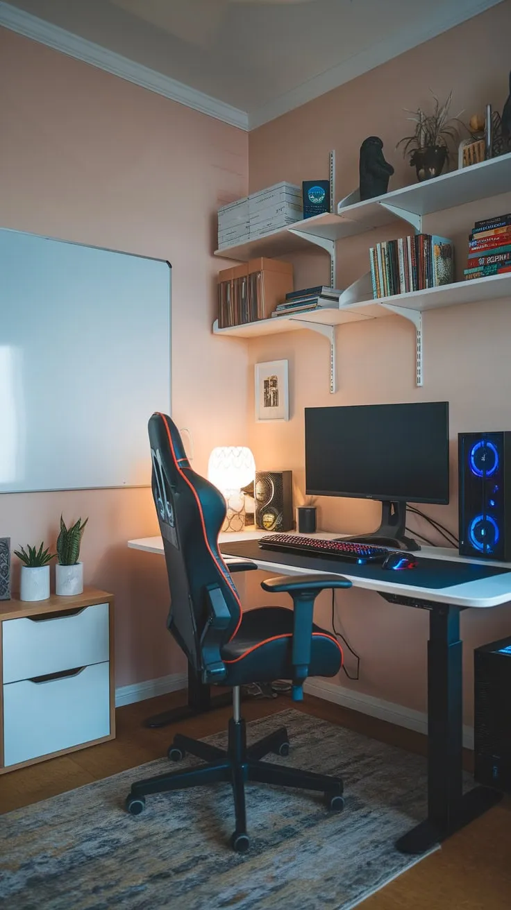 A cozy study room seamlessly blends academic focus with gaming fun, featuring a comfortable setup and inspiring décor.