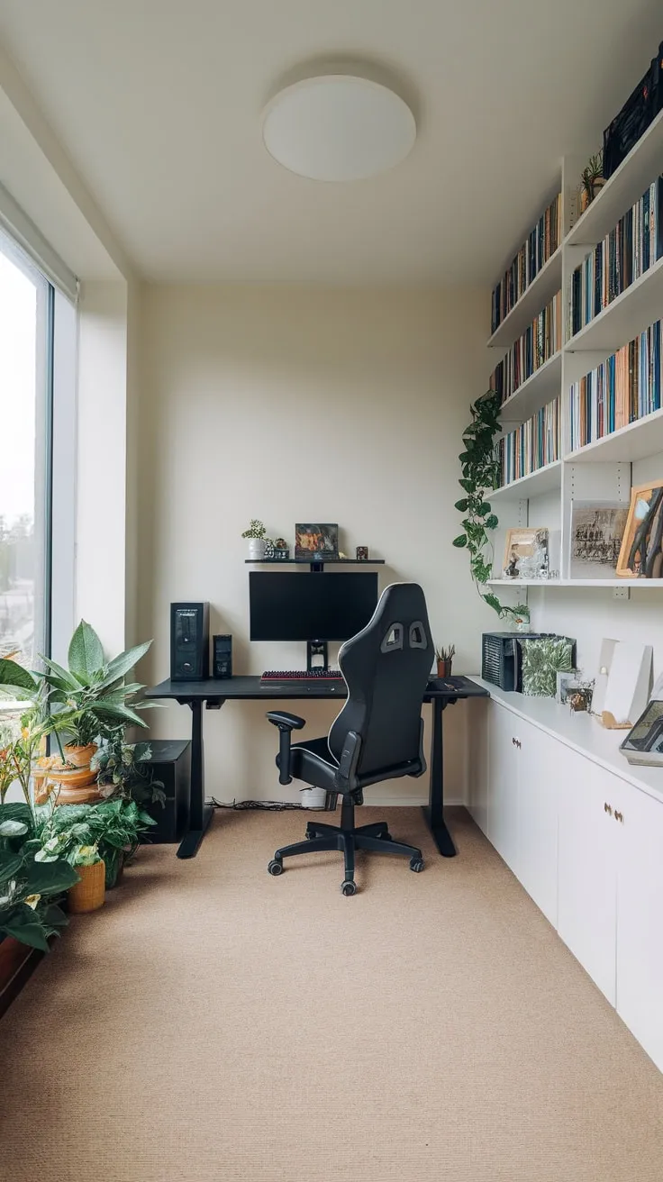 A bright study room seamlessly blends gaming and learning with a window-lit gaming setup, bookshelves, and calming plants.