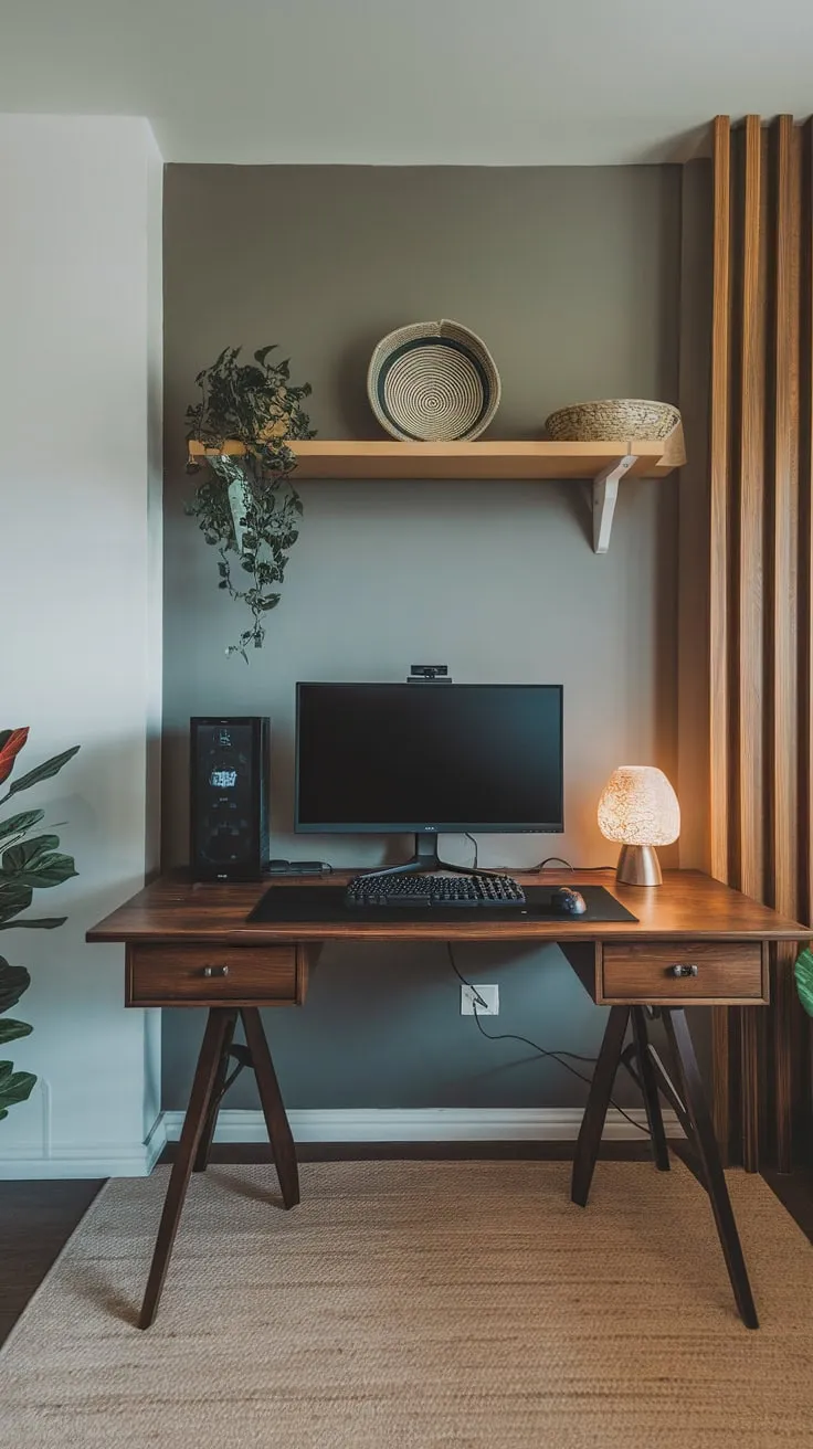 A cozy study room blends productivity with gaming fun, featuring a wooden desk, ambient lighting, and stylish decor against a mix of grey, white, and wood-paneled walls.