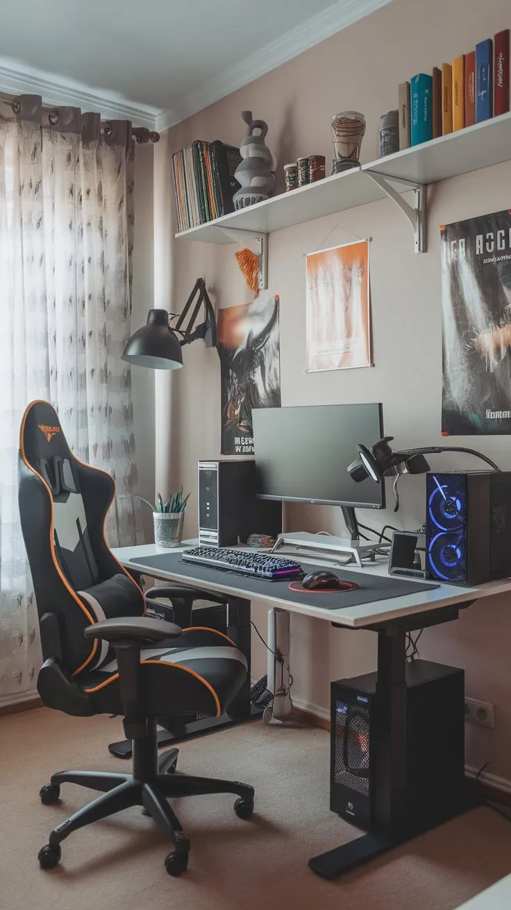 A gamer's haven seamlessly blends focused study with immersive gaming in this vibrant room featuring a dedicated desk setup, comfy chair, and inspiring decor.