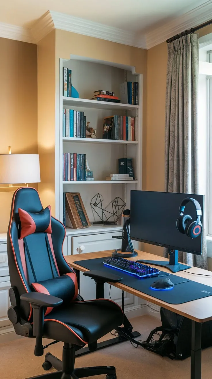 A beige-walled study room seamlessly blends academic pursuits with gaming, featuring a dedicated desk setup and comfortable gaming chair alongside bookshelves and a window.