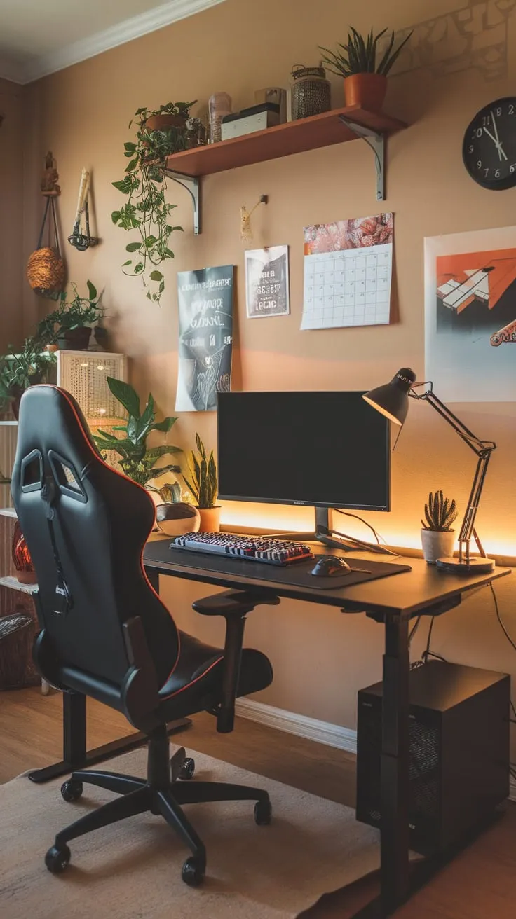 Ergonomic gaming chair and vibrant decor enhance a well-lit study space perfect for focused work and immersive gaming.