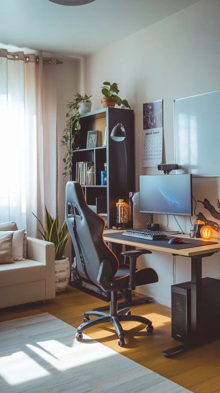 A sunlit study room seamlessly blends academic focus with gaming fun, featuring a comfortable setup and inspiring décor.